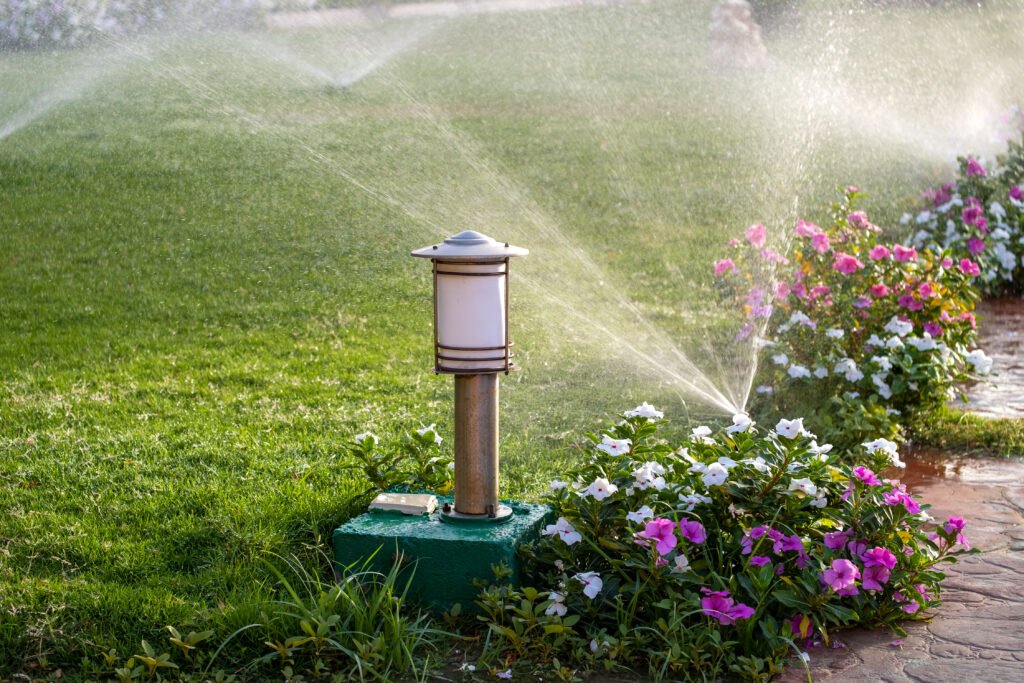 Sprinkler Irrigating Flower Bed